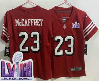 Women%27s San Francisco 49ers #23 Christian McCaffrey Limited Red Throwback LVIII Super Bowl Vapor Jersey